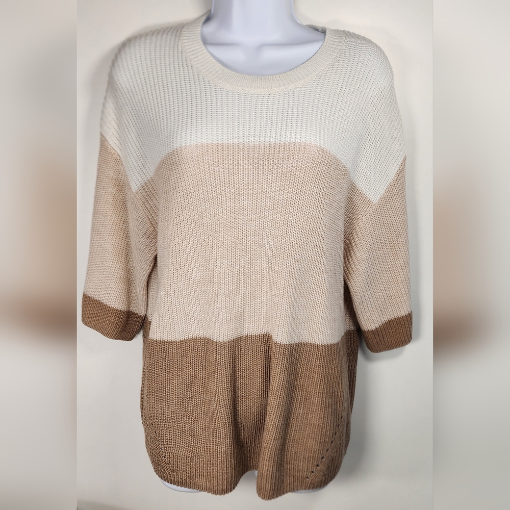 Matty M Women's Medium Colorblock Knit Sweater Short Sleeve‎ Crew Neck Neutral